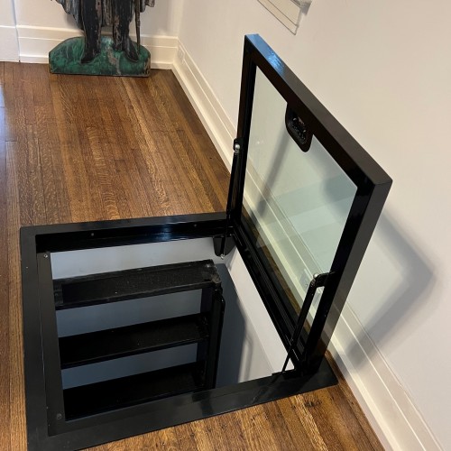 Hinged glass floor and framework