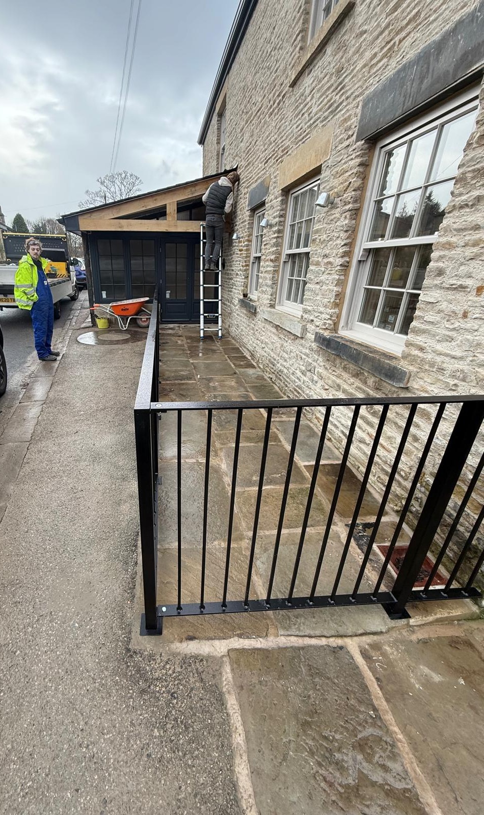 Galvanised powder coated steel railings and access gate installation at residential property, Barnsley