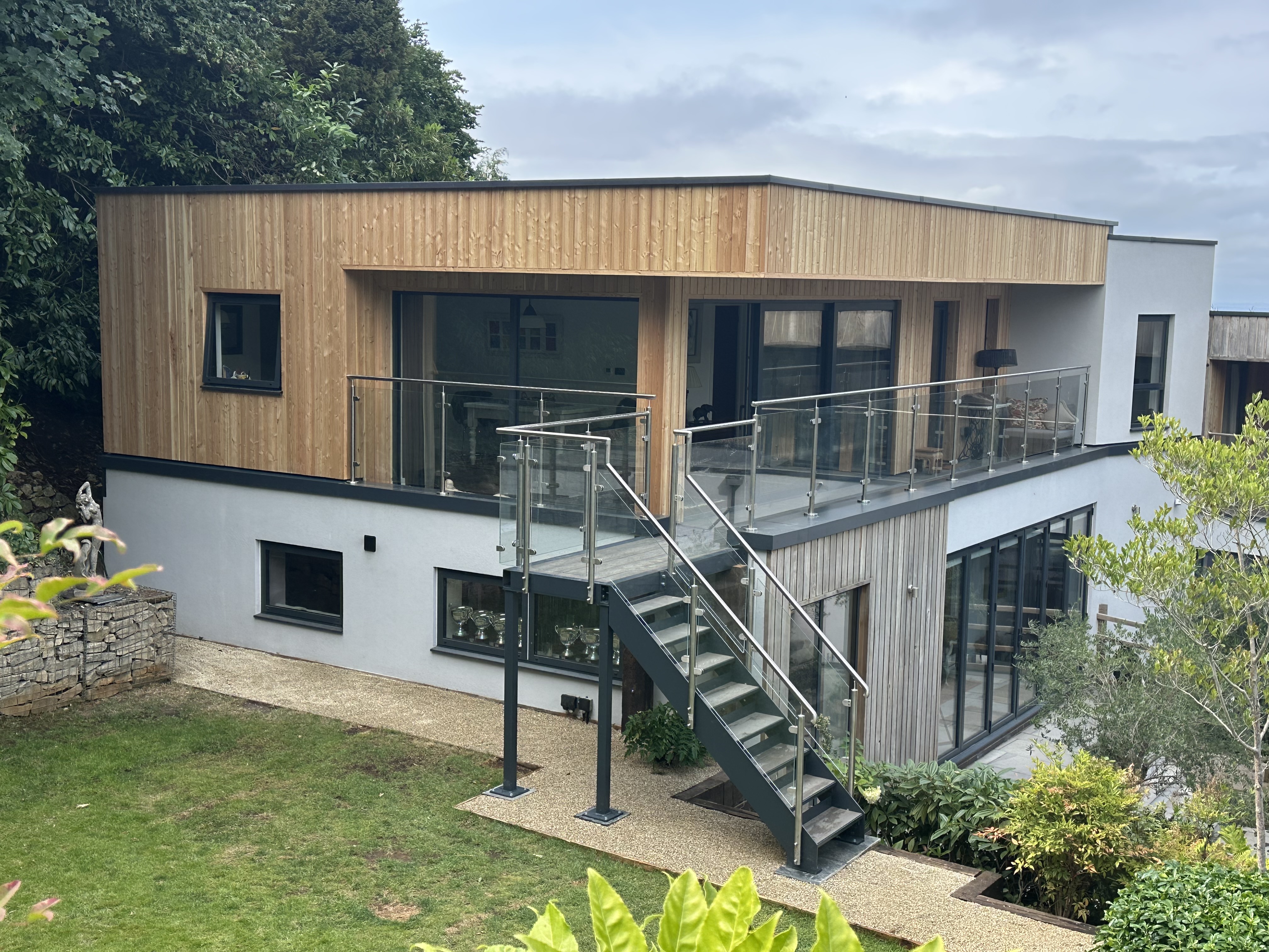 external steel staircase and glass balustrades