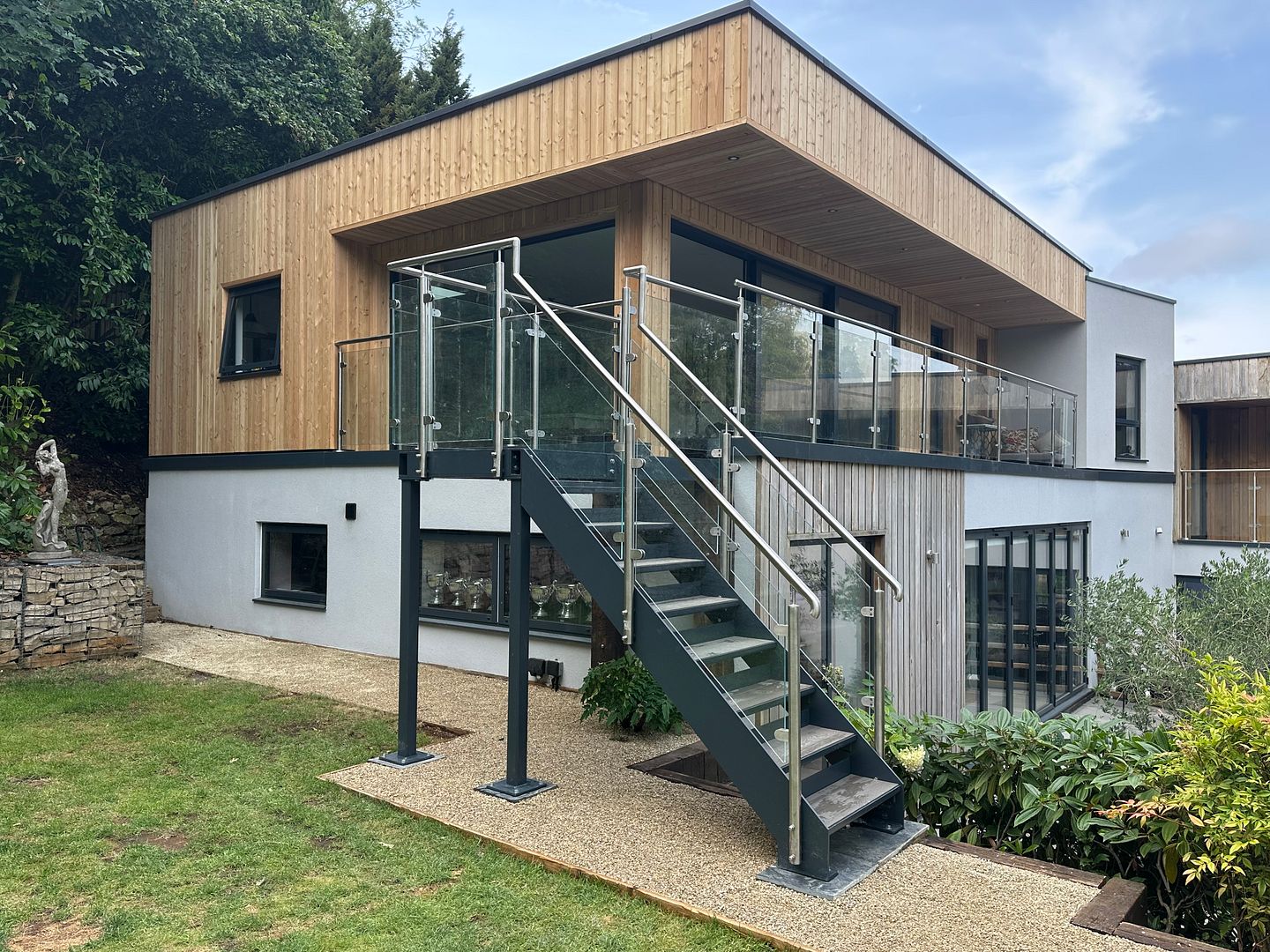 external powdercoated steel staircase with glass balustrade UK